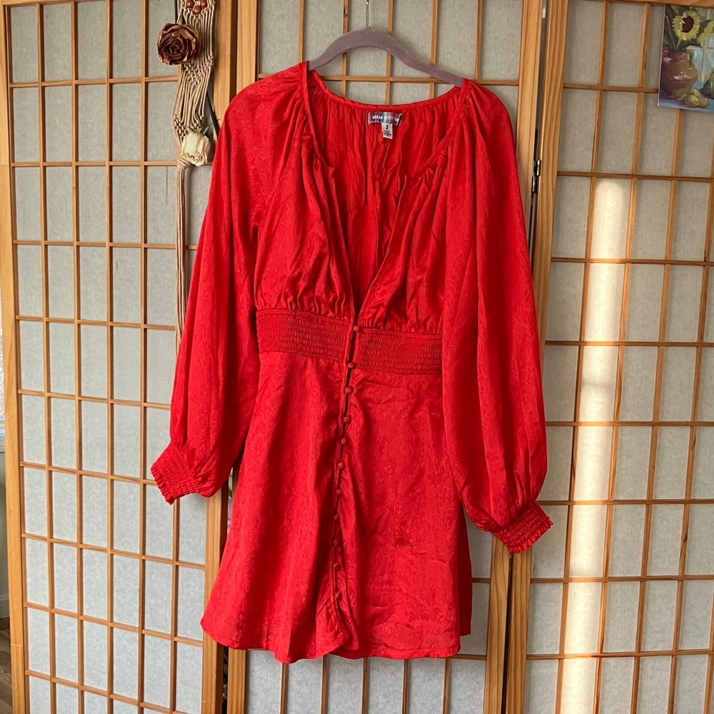 Urban Outfitters Small Vibrant Red Long-Sleeved Silky Dress NWOT